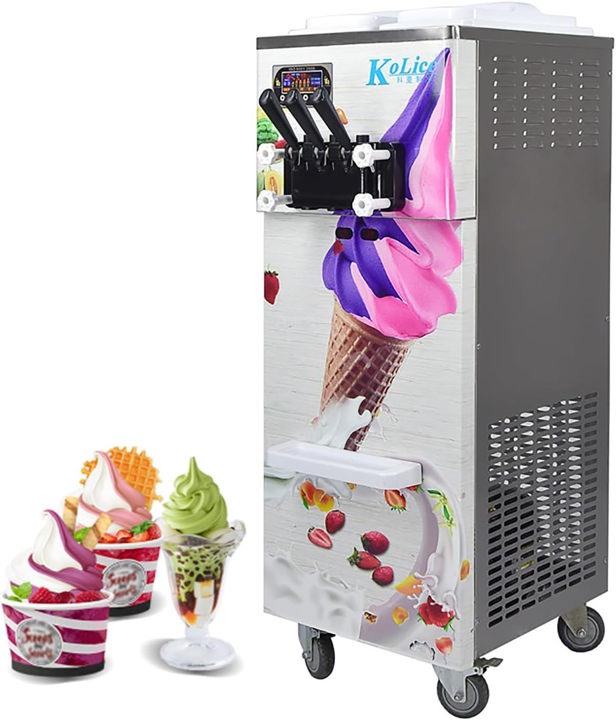 Kolice commercial ETL certificate 3 flavors soft ice cream machine 2+1 mixed flavors frozen yogurt machine, auto washing,auto counting,upper tanks refrigerated, silent gear box