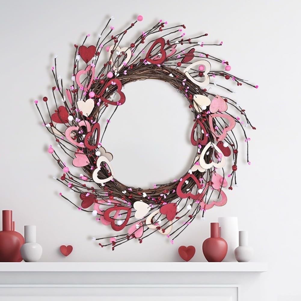 Couronne de cœur en bois rose à suspendre pour porte d'entrée, demande en mariage, fête, 45 cm