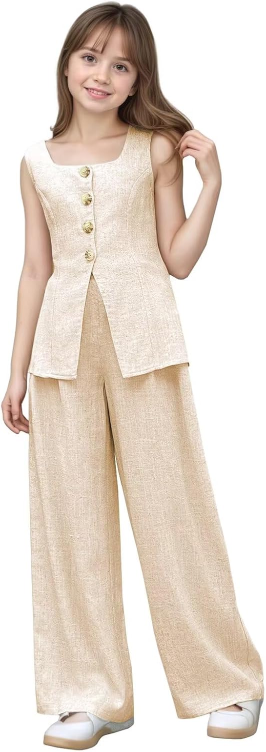Linen Girls Summer Outfits 2 Piece Girls Pant Sets Leisure Sleeveless Suit Casual Square Neck Vest Pants Outfits