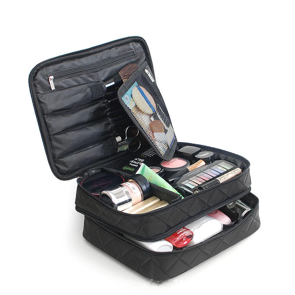 Doble capa de nylon de la señora bolsa de cosméticos impermeable maquillaje bolso herramientas organizador bolsa lavado inodoro - negro