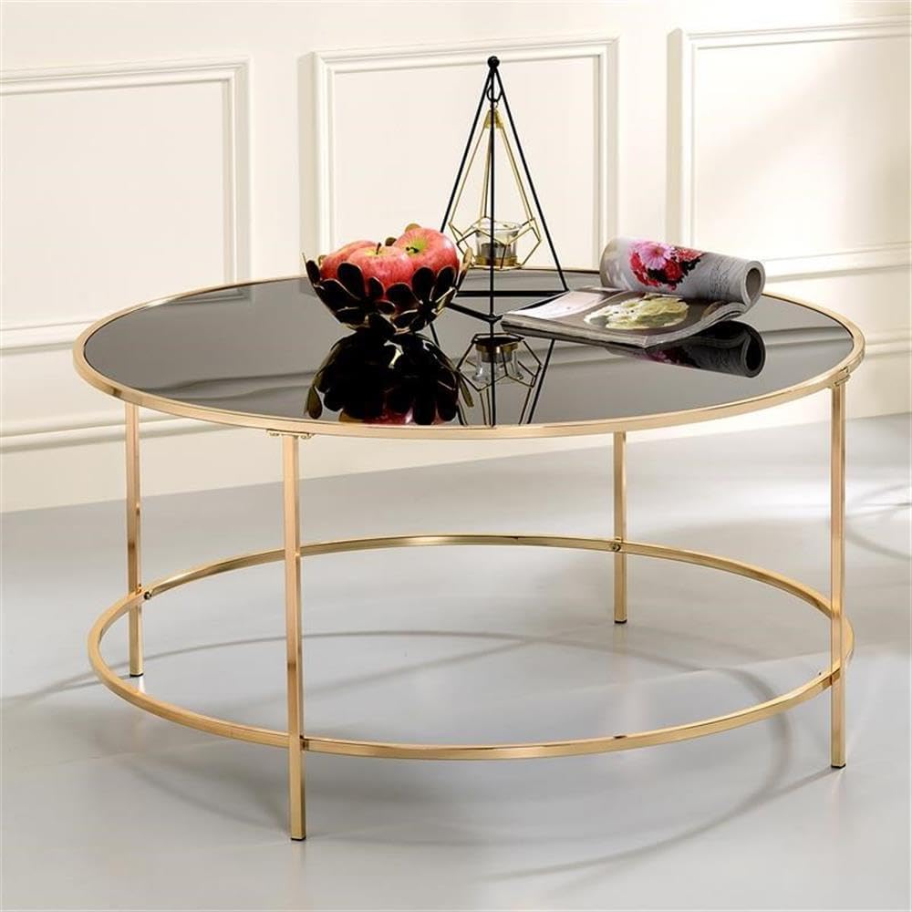 BOWERY HILL Contemporary Round Coffee Table, 36 in Glass Top, Gold Finish, Steel Base with Ring Accent, Modern Living Room Table, Durable Easy-to-Clean Design, 18 in Height for Everyday Use