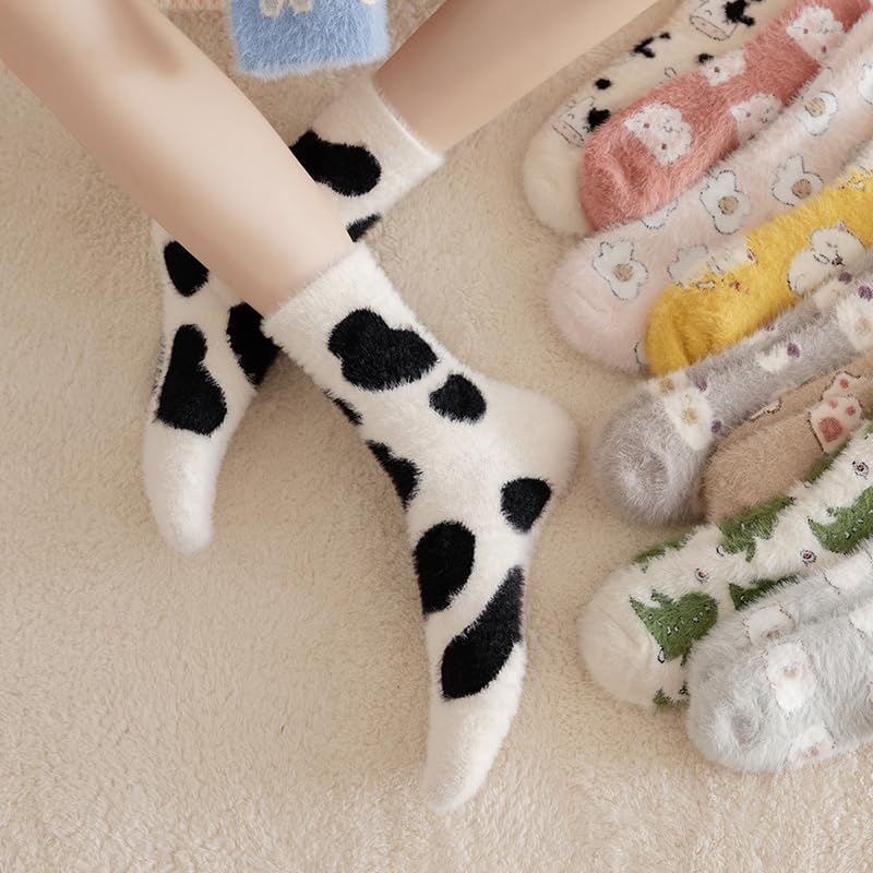 Fuzzy Socks for Women, Cute Fluffy Slipper Sock with Cat Cow Bunny Bear Dinosaur, Cozy Casual Calf Socks Size 5 to 92