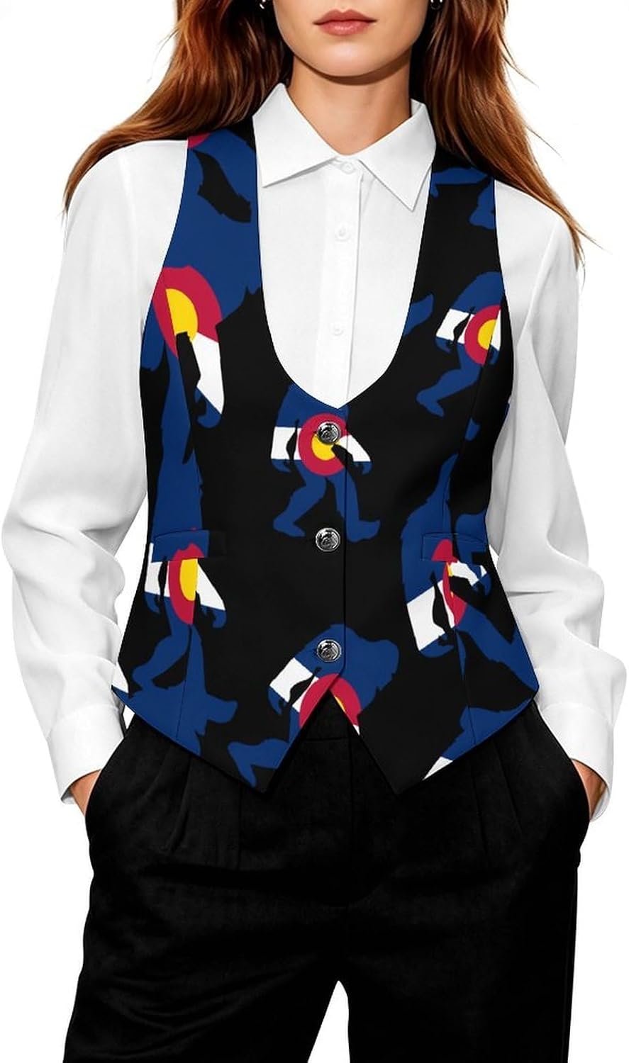Bigfoot Sasquatch Colorado Women's Suit Vest V Neck Button Down Waistcoat Jacket Business Casual Tops