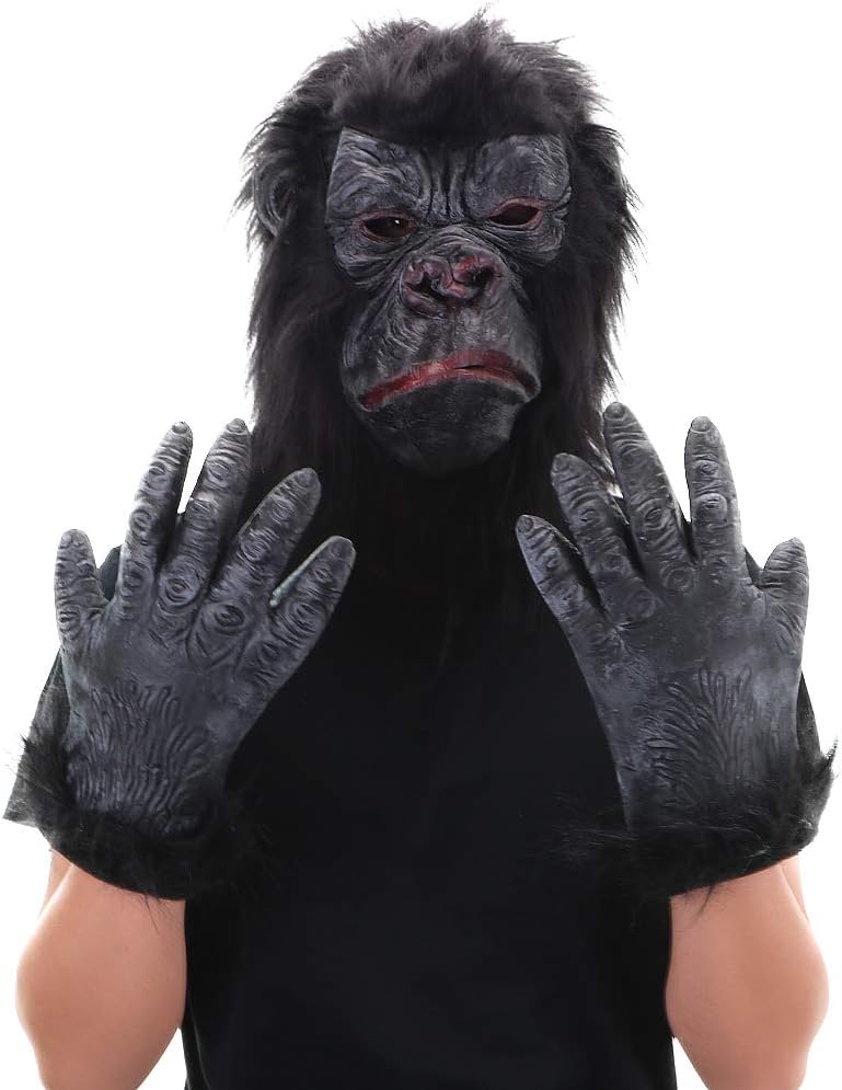 Latex Animal Gorilla Mask with Gloves - Gorilla Head Mask Set for Halloween Costume Black