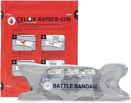 Celox Rapid B-CON Z-Fold Gauze and Battle Bandage Bundle. Emergency First Aid Equipment for Massive Hemorrhage Control