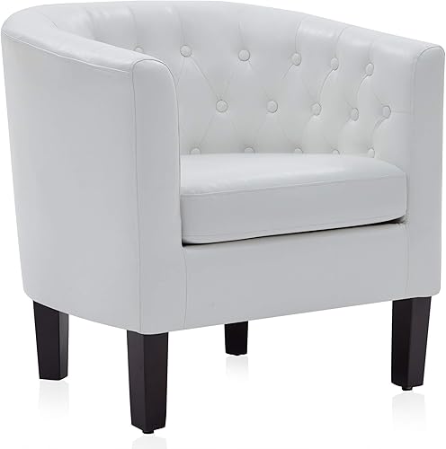 Miniatura 6 de BELLEZE Sillas decorativas blancas para sala de estar, elegante sillón tapizado con barril capitoné, silla de club para dormitorio con patas