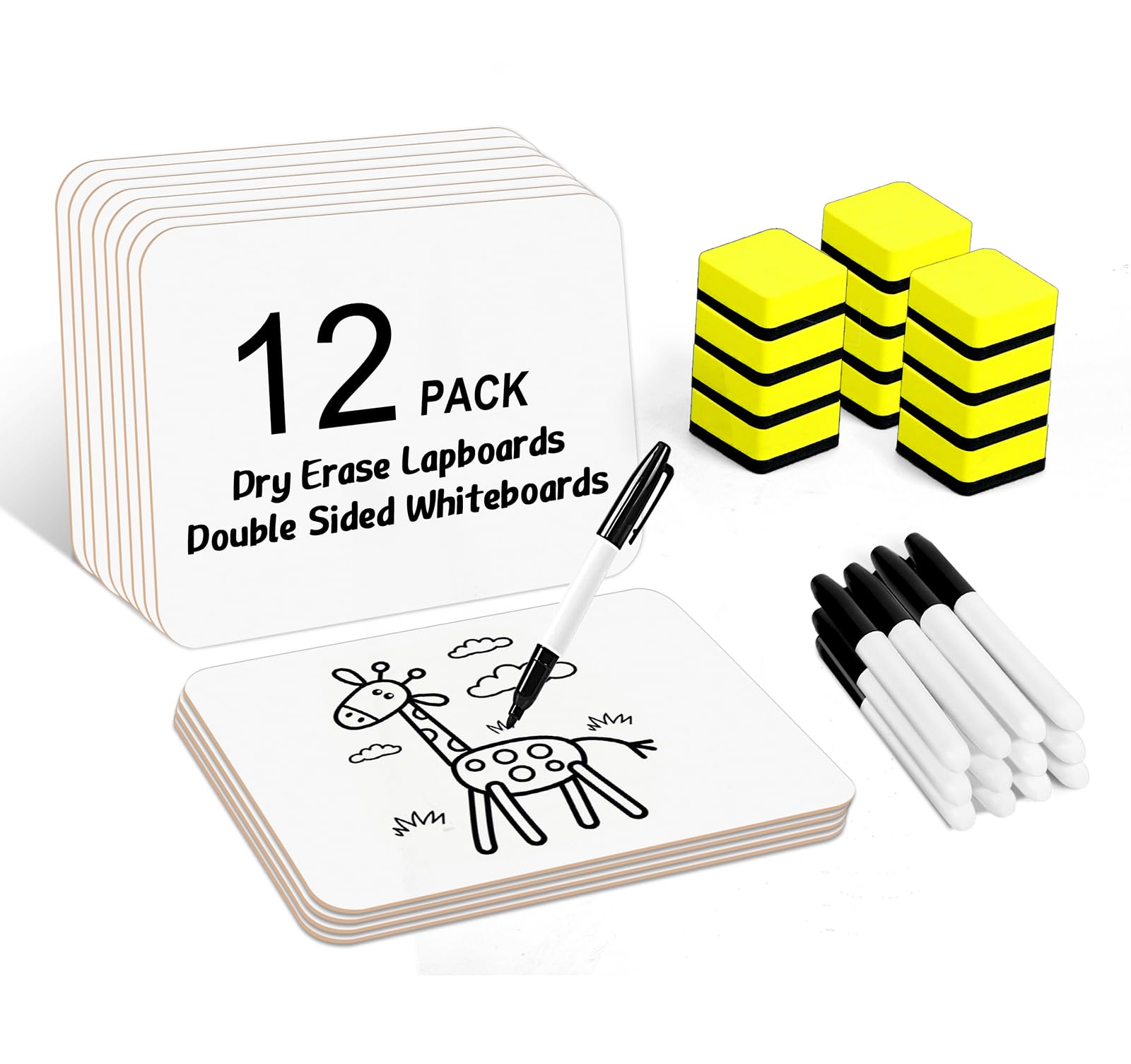Dry Erase Lapboards, HERKKA 12 Pack Double Sided Dry Erase Lap Boards 9 x 12.5 Inch, 12 Markers, 12 Erasers, Small Dry Erase Boards for Classroom Supplies
