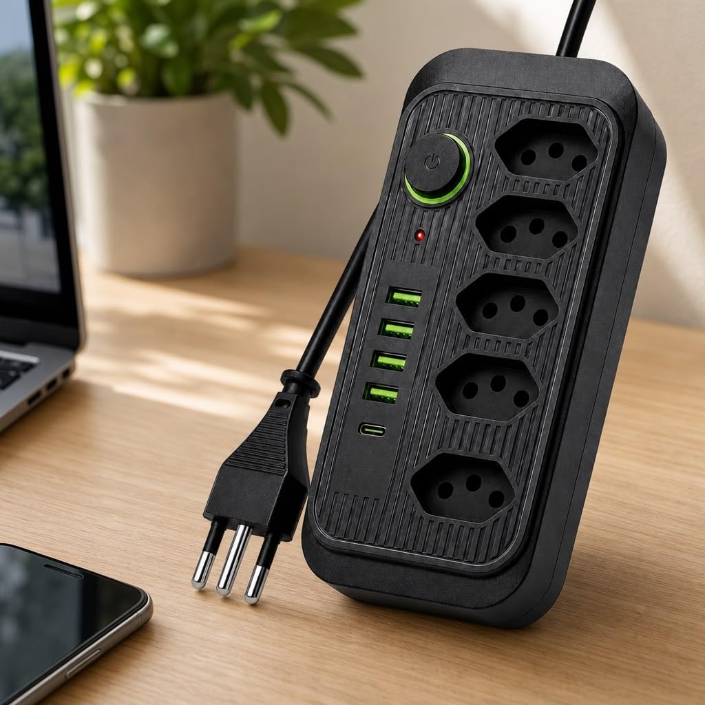 Extensão Elétrica, 5 Tomadas com 4 Portas USB e USB-C, Filtro de Linha Bivolt com