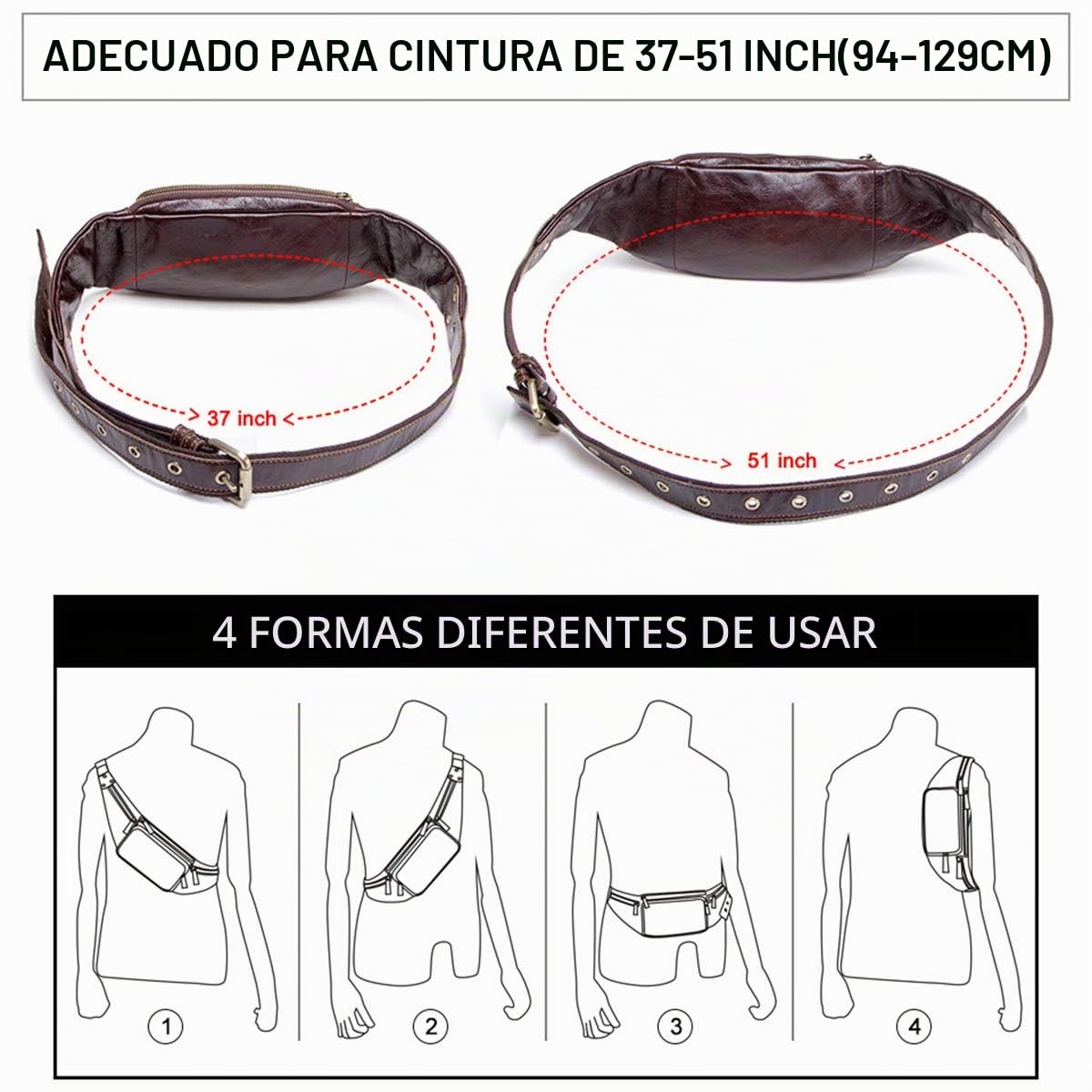 Riñonera Hombres Hombres Cuero Genuino Bolso Riñonera Multifuncional Riñonera con Cremallera Adecuado