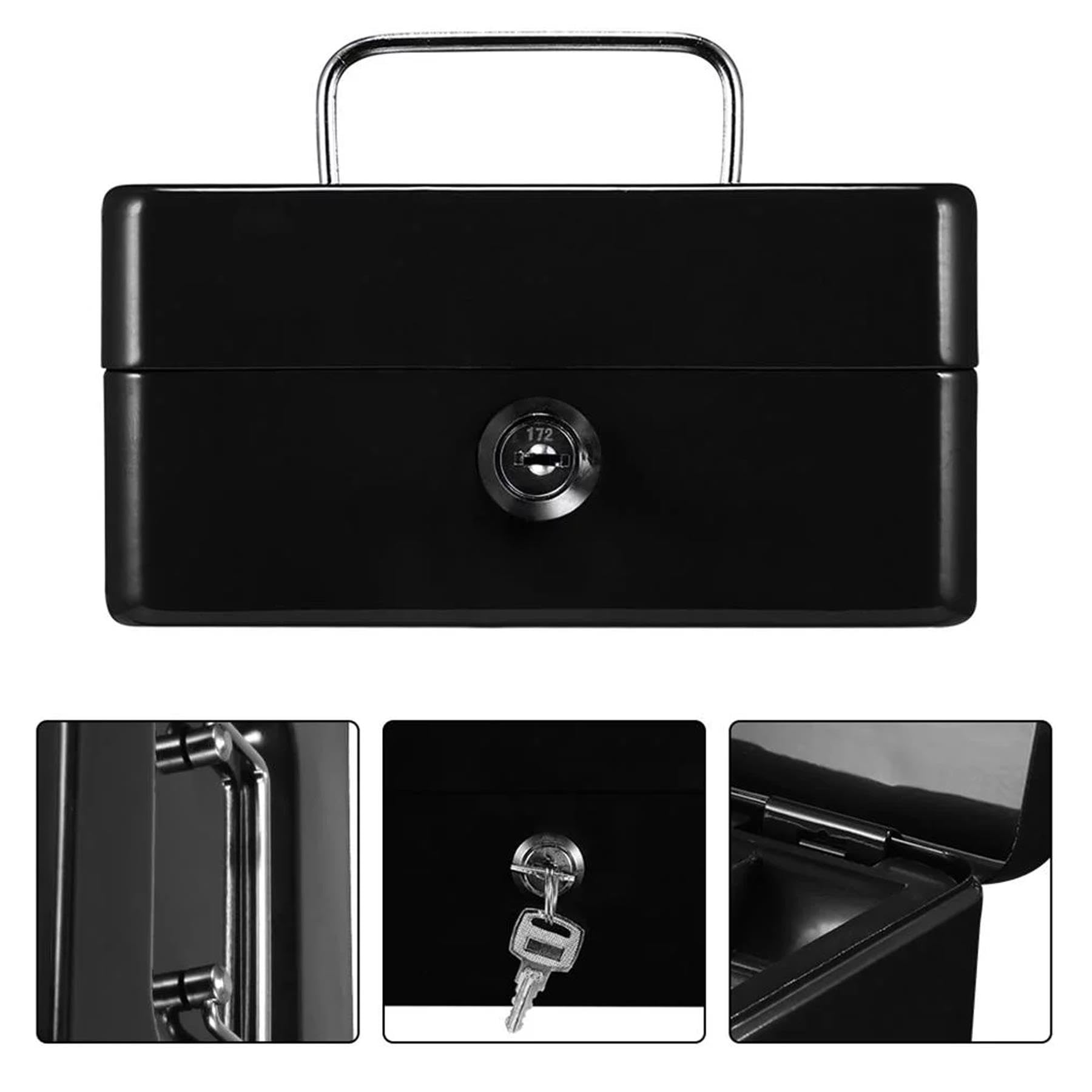 Faboer Metal Cash Petty Box Money Bank Deposit Steel Tin Security Safe Petty Key Lockable Cash Box with Coin Tray for Petty Cash Coins Notes (Black, 8'')