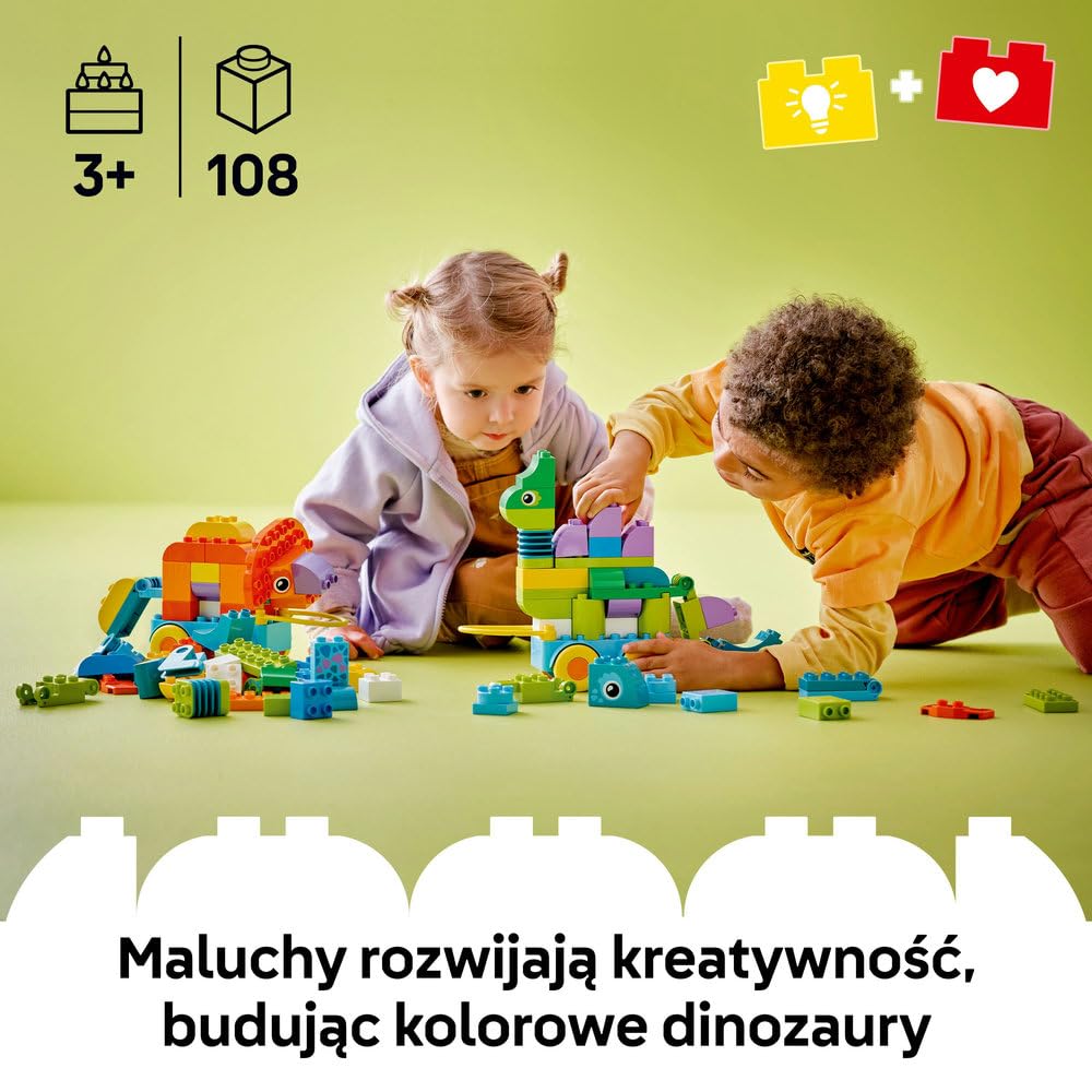LEGO DUPLO 3 w 1 Dinozaury na kółkach 10451 | dinozaury na kółkach, klocki dla 3-latka, prezent dla chłopca i dziewczynki 3+, budowanie 3 w 1, 108 elementów
