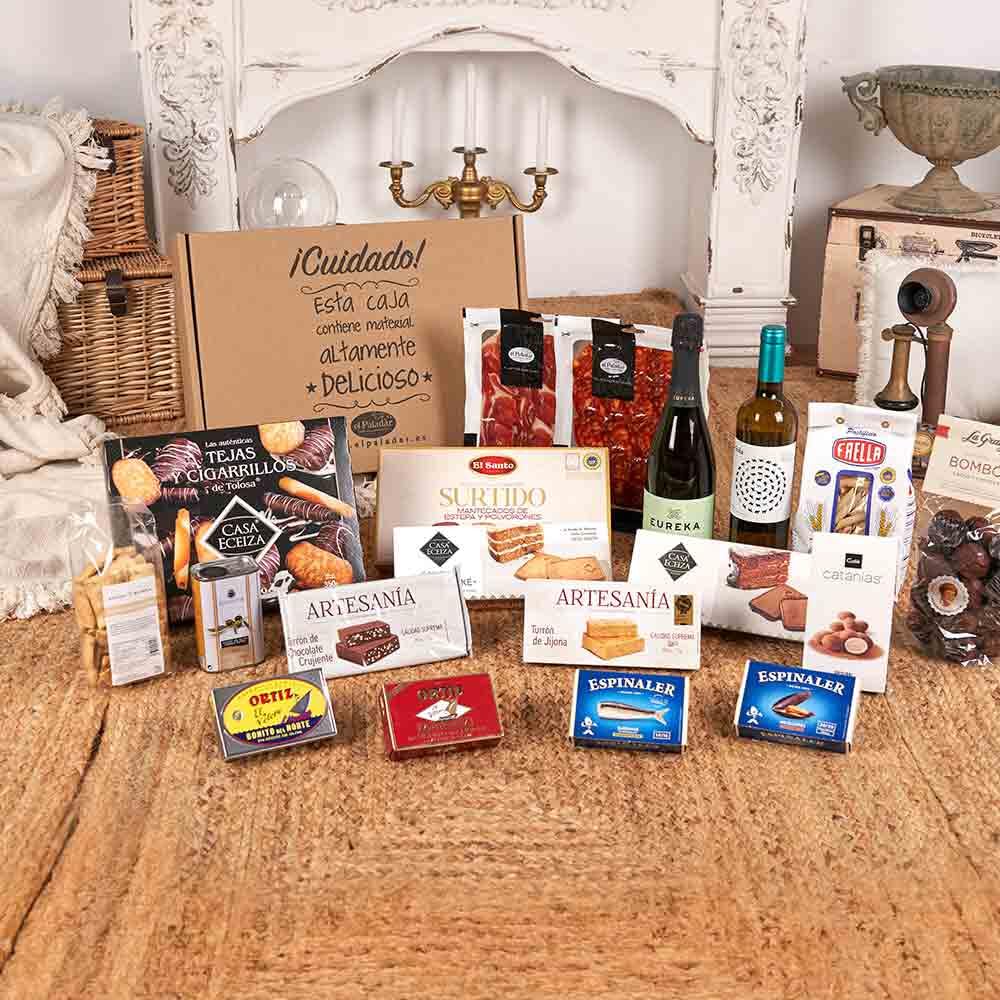 Cestas de Navidad - Lote Gourmet 080-25 / con cava Brut Nature, vino blanco Verdejo, ibéricos, conservas premium, aceite virgen extra y dulces artesanos en caja regalo