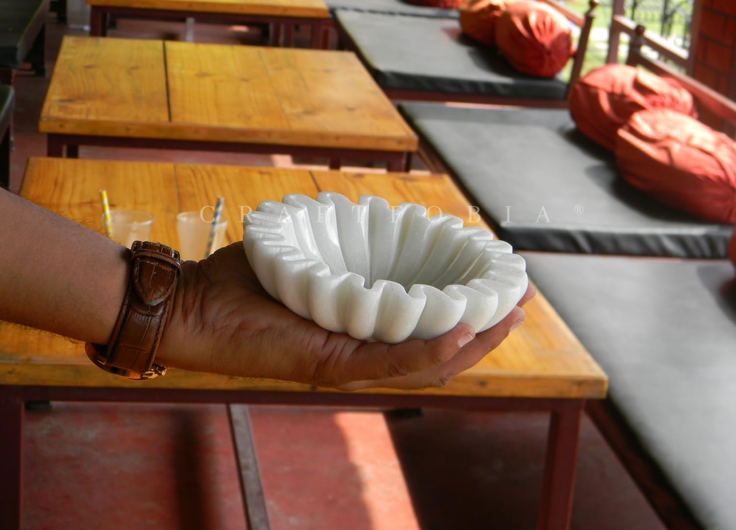 HandCrafted Marble Bowl/Antique Scallop dish/Fruit bowl/Vintage Ring Dish/marble decor Decorative Ruffle Flower scalloped Bowls/HouseWarming Wedding Gift/Urli (8 inches)