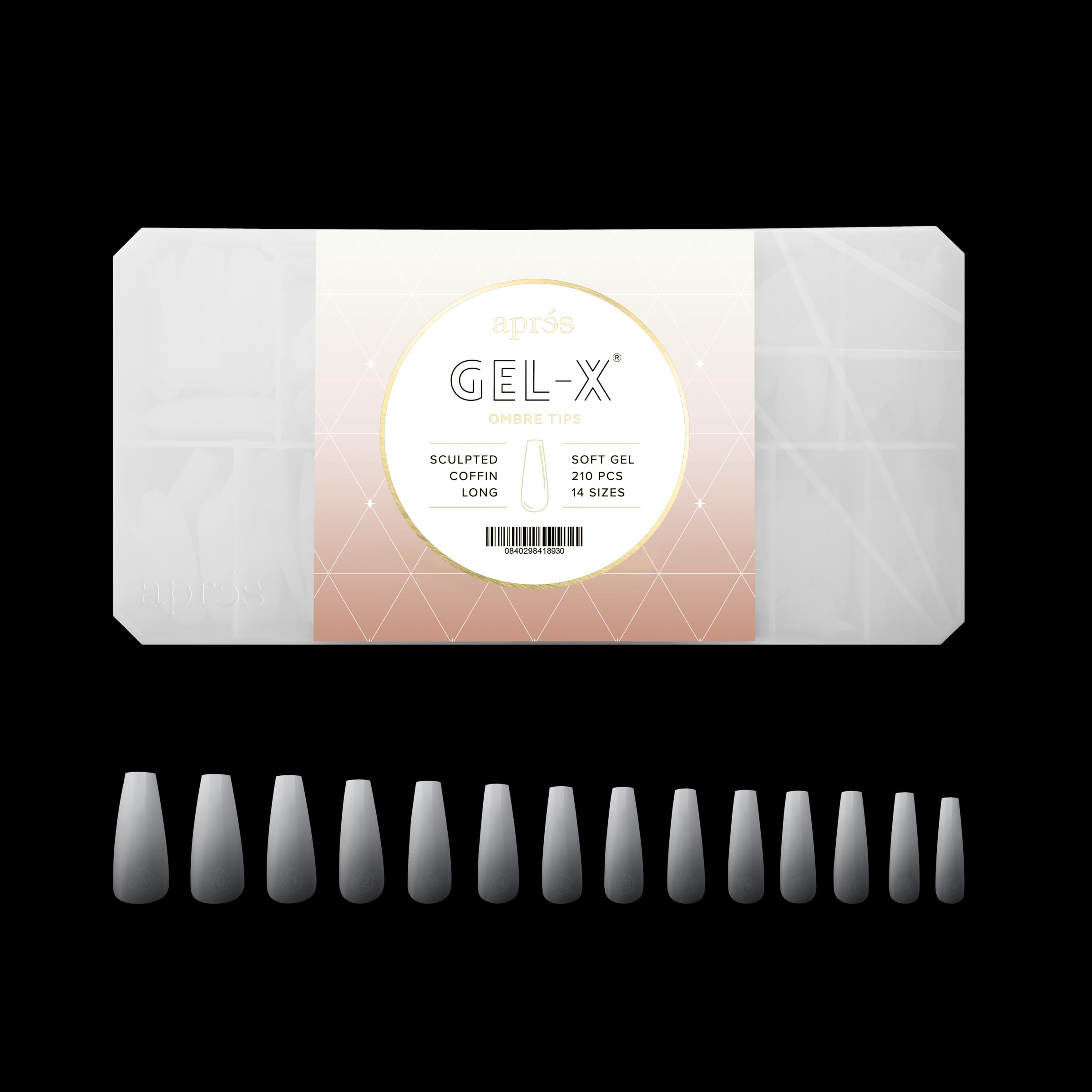 Apres Ombre Gel-X® Scatola di unghie finte, 14 misure 00-9, qualità premium (Sculpted Coffin Long, 210 pezzi)