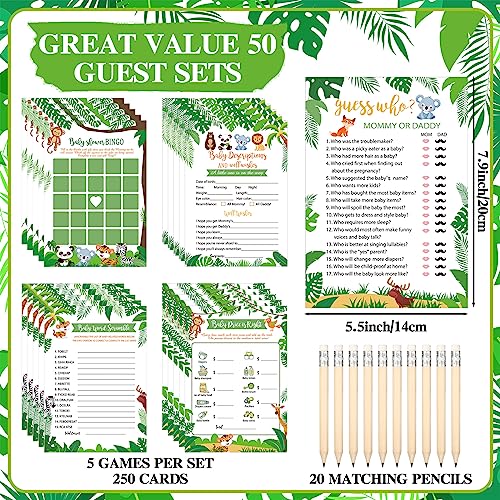 Image of Patelai 321 Pcs Safari Baby Shower Games Party Supplies, Jungle Animal Shower Games, 5 Sets (50 Cards Each) Activities Cards with 20 Pencils 1 Don't Say Baby Sign 50 Clothespin Gender Reveal Decor