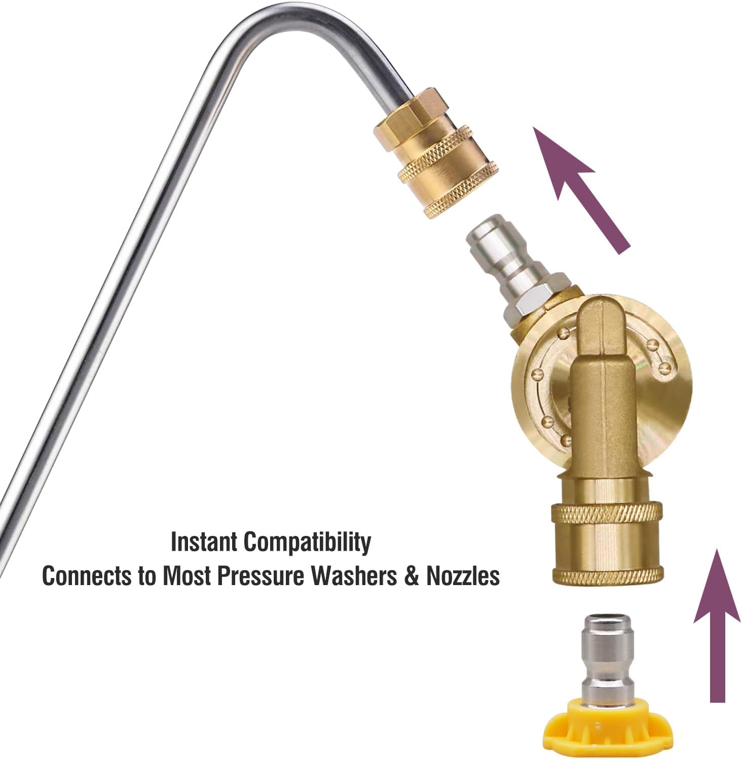 Pressure Washer Pivoting Coupler, 1/4 Quick Connect Gutter Cleaner Attachment, 240 Degree 7 Adjustable Angle, Brass Nozzle Adapter for Gutters, Eaves, Undercarriage, 4500 PSI