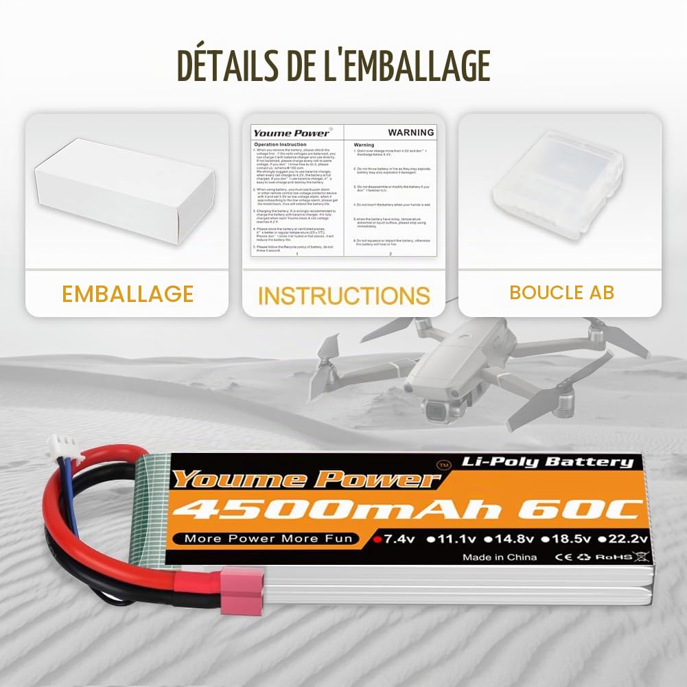 Youme 2S LiPo Batterie 7.4V 4500mAh 60C Prise T pour RC Camion Drone 2pcs