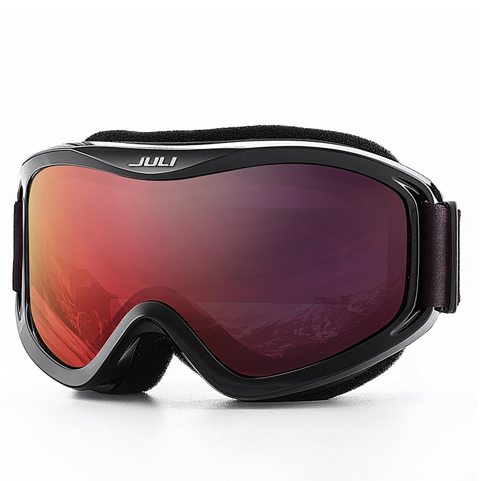 JULI - Occhiali da sci e snowboard per uomini, donne e giovani, protezione 100% UV e anti-appannamento, doppia lente (montatura nera + lente rossa VLT 13%)