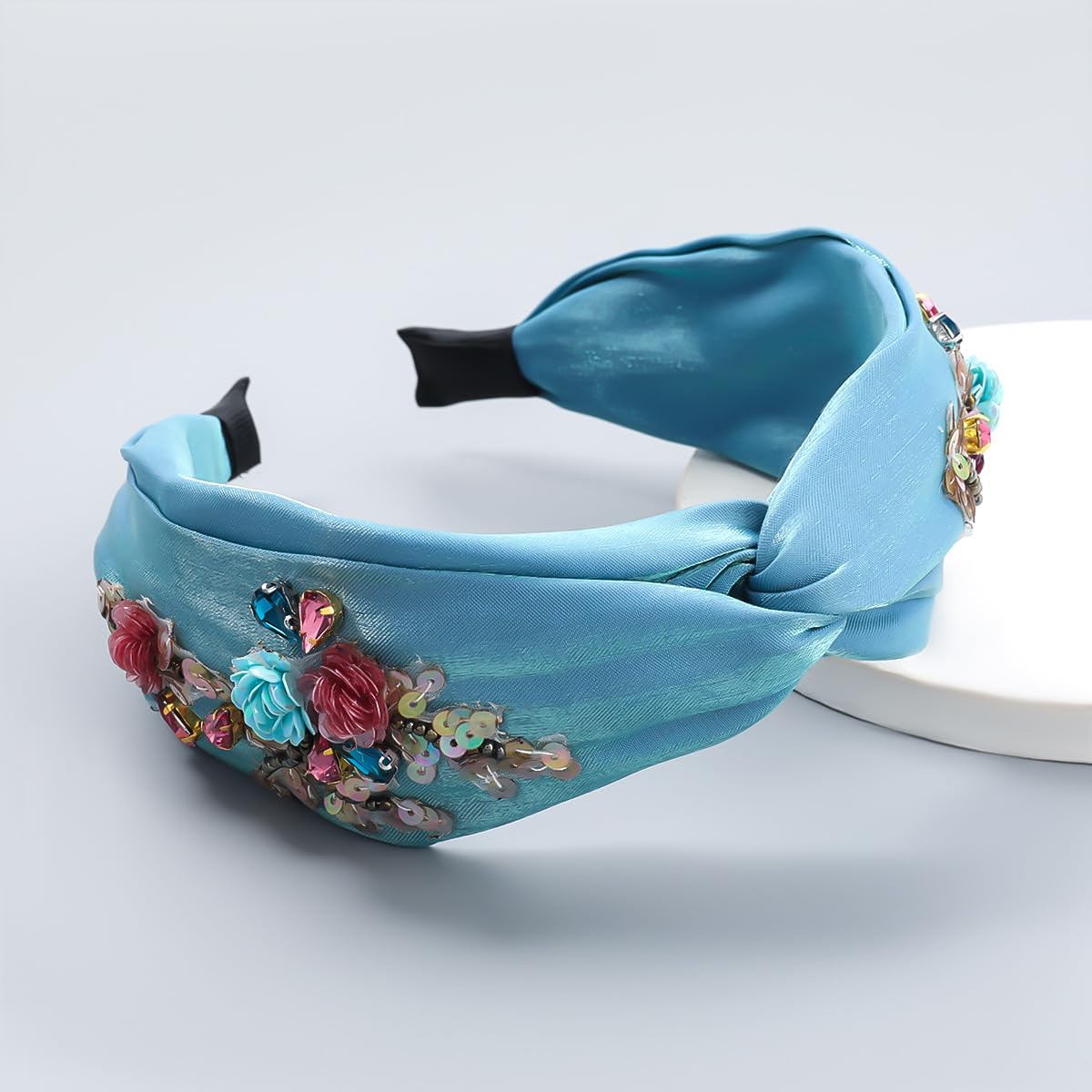 Diademas de tela con diamantes de imitación para mujer, banda de pelo anudada lateral ancha, accesorios para el cabello, color azul