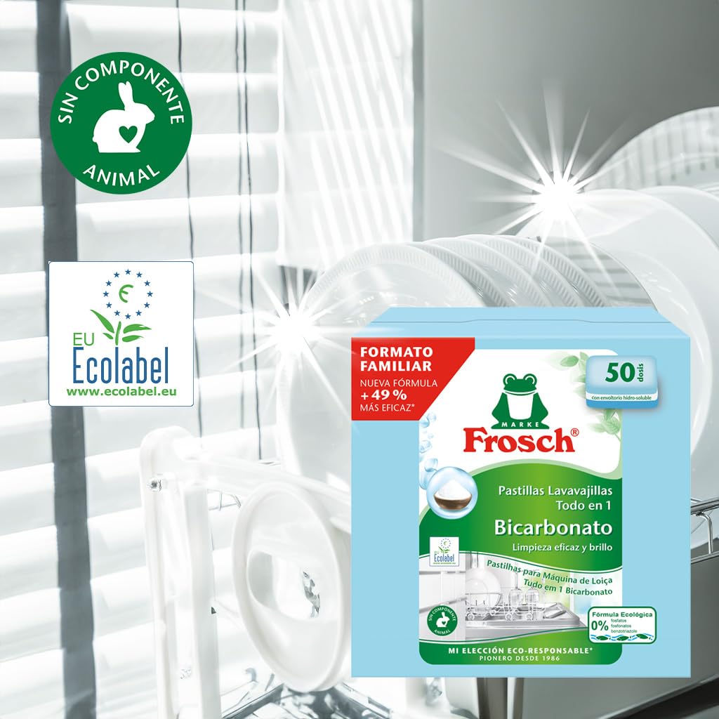 Frosch - Pastillas Lavavajillas a Máquina Todo en 1 con Bicarbonato, Limpieza y Brillo, Sin Componente Animal, Ni Fosfatos, Ni Fosfonatos - 50 Dosis, 0.2 kg