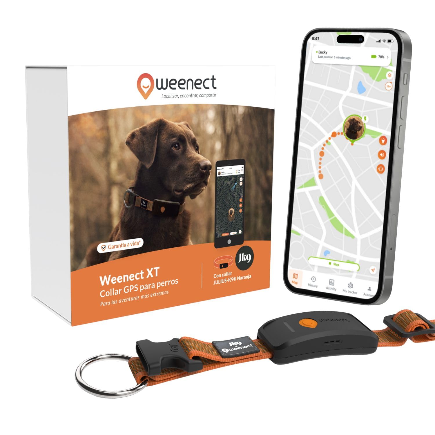 Weenect Dog XT - Nuevo Collar GPS para Perros | Antena XL | Impermeable | Collar Naranja Ultra-​Resistente Integrado Julius-​K9 | Garantía de por Vida | Suscripción requerida