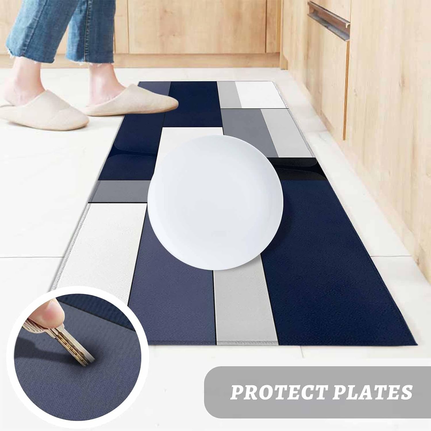 Kitchen Mats for Floor Abstract Blue Grey White Patchwork Washable Non Slip Kitchen Rugs 1PCS, Modern Art Square Rectangle Absorbent Standing Mats for Sink Bathroom Office Living Room 23.6x70.9in