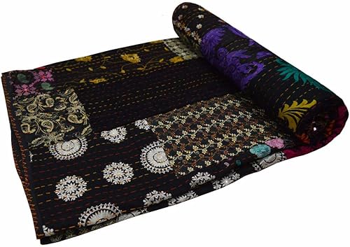 Miniatura 2 de Colcha Kantha de algodón Queen Khambadiya hecha a mano Kantha, colcha para cama, color negro, 90 x 108 pulgadas