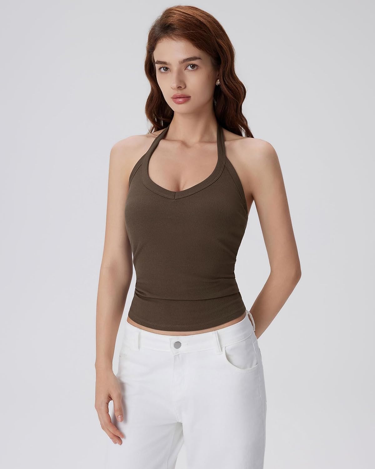 SUUKSESS Halter Tank Top for Women with Built in Bra Cotton Ribbed V Neck Cami - Image 5