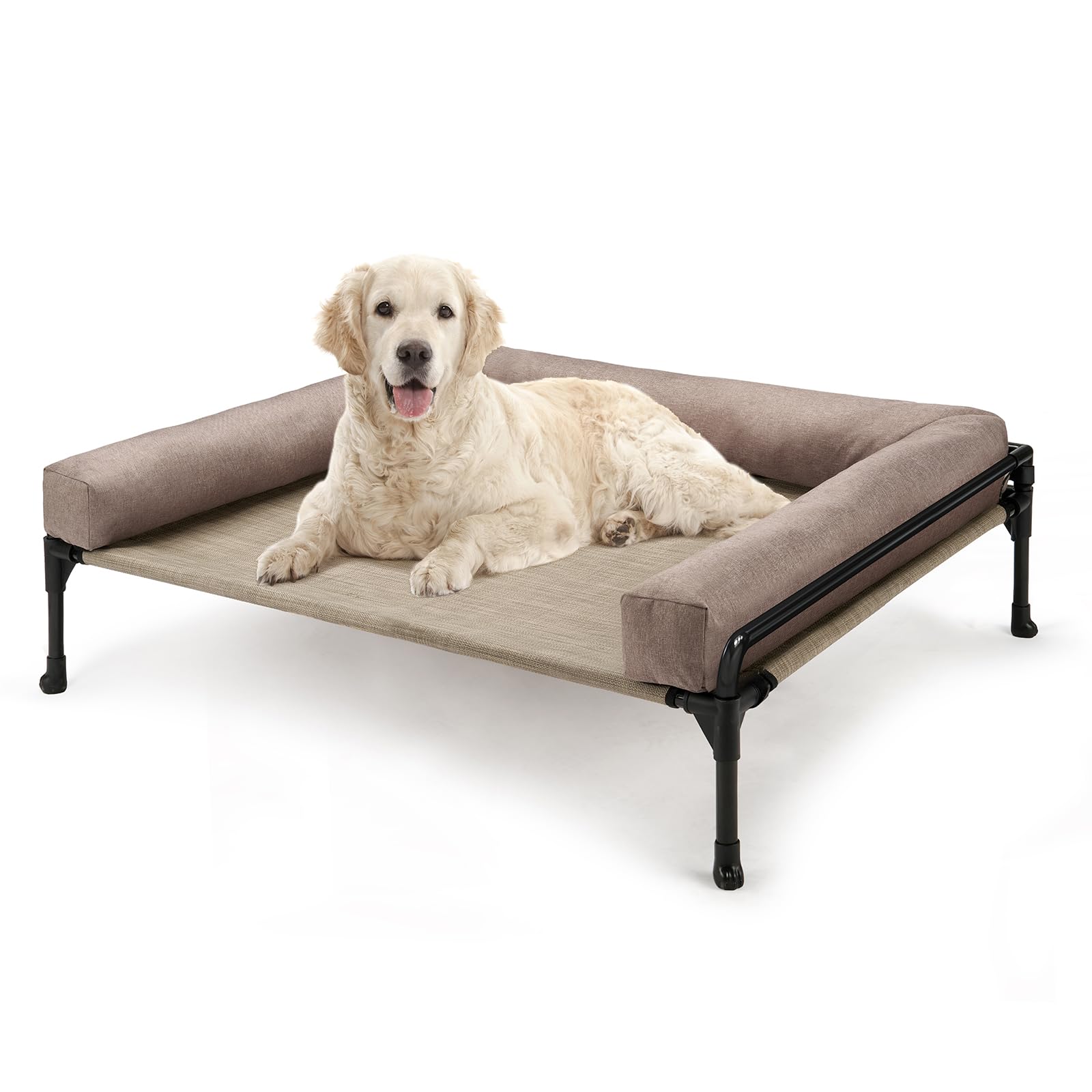 Veehoo Elevated Raised Dog Bed-Cooling Outdoor Dog Cot Bed for Large Sized Dogs Three-Sided Fence Raised Pet Cot with Mesh &No-Slip Feet Dog Hammock Bed with Removable Bolster-35 x 22" Beige Coffee