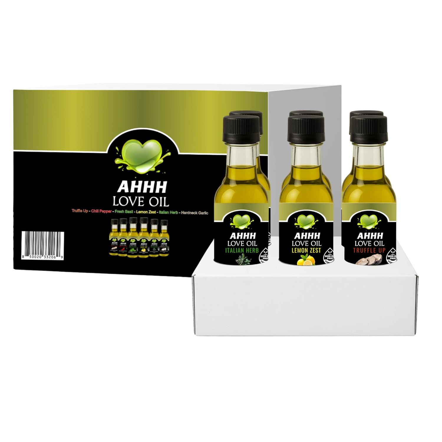 AHHH Love Oil 1.5oz 6-Pack Variety – Premium High Oleic Cooking Oils | Gourmet Infused High Heat Oils | Non-GMO Seed Oil Free Cooking & Baking Oils | Includes Chili Pepper, Basil, Garlic, Italian Herb, Lemon Zest & Truffle Up