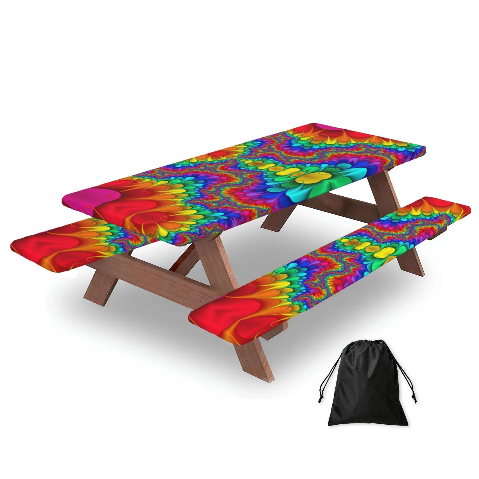 Zyjhyy Black Rainbow Tie Dye-Red Print Party Table Covers With Bench Covers Set Of 3 Picnic Table Cloth Wipe Clean For Garden Camping