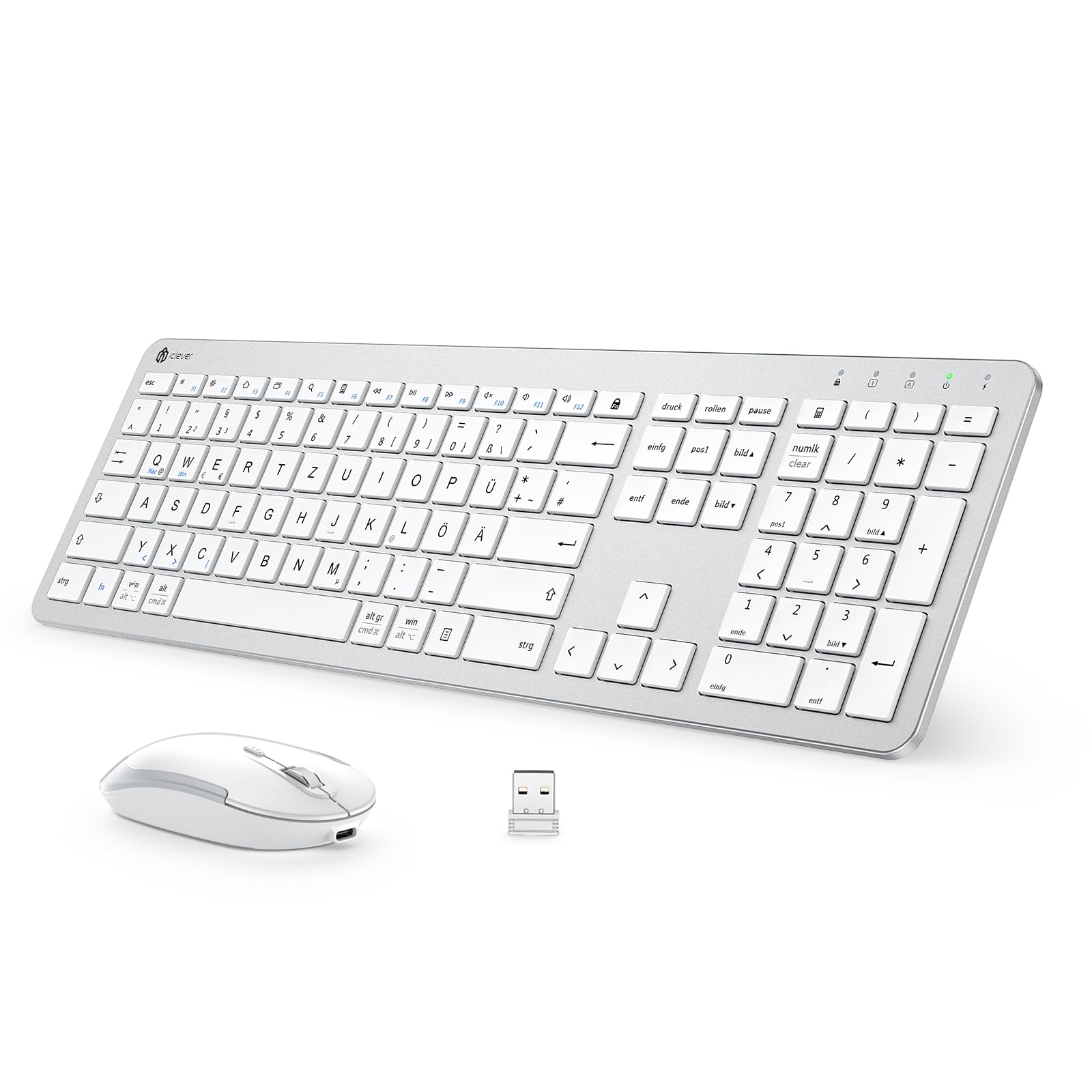 iClever Tastatur Maus Set Kabellos, Wiederaufladbare Kabellose Tastatur und Maus, Deutsch QWERTZ Layout, 2.4 GHz Funk Tastatur mit Maus für PC/Laptop/Smart TV, Weiß
