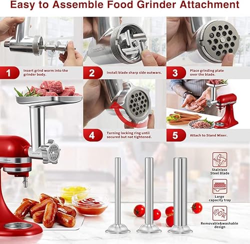 Metal Food Grinder Attachment For Kitchenaid Stand Mixers, Amzchef Meat Grinder Attachments Included 3 Sausage Stuffer Tubes & A Holder,4 Grinding Plates,2 Grinding Blades, Burger Press,Cleaning Brush #TOP5