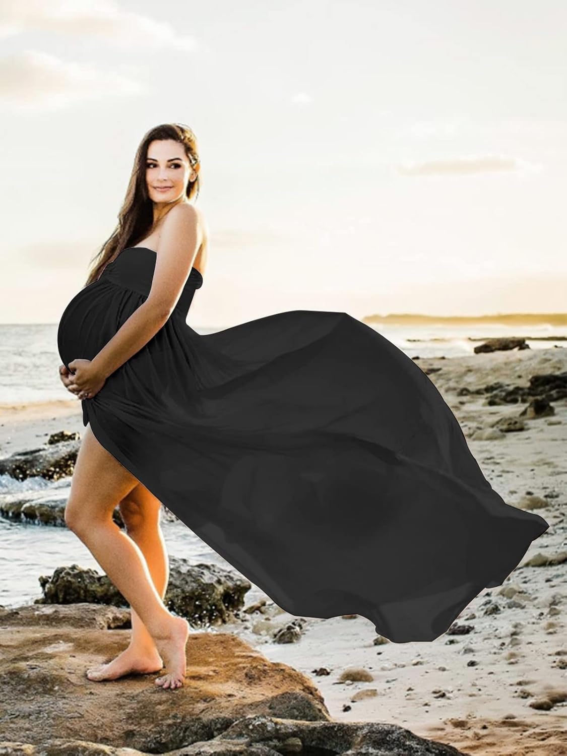 YnimioAOX Women's Off Shoulder Strapless Sweetheart Maternity Dress for Photography Split Front Chiffon Gown for Photoshoot