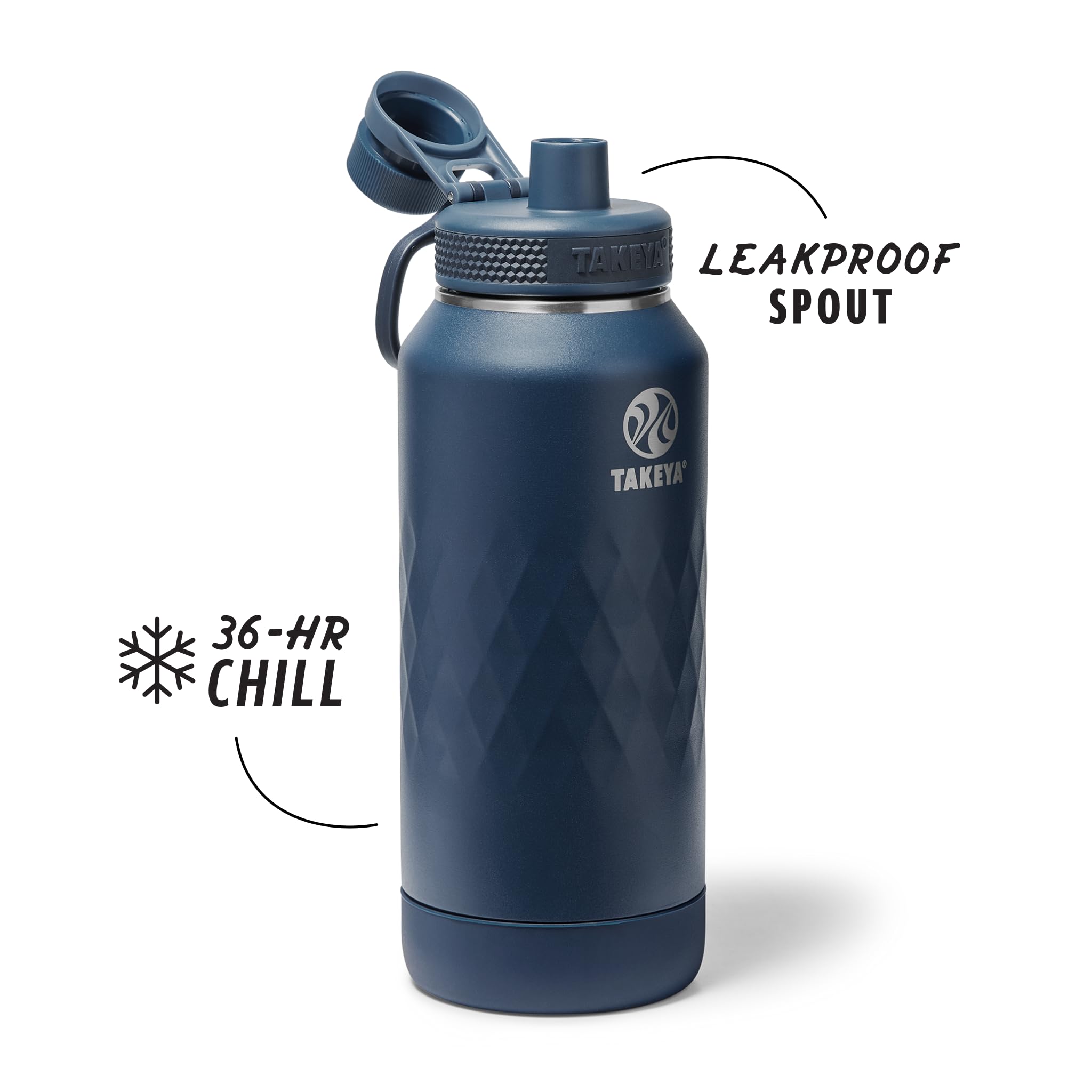 Takeya Sport 3-fach isolierte Edelstahl-Wasserflasche, Auslaufdeckel, auslaufsicher, schweißfest, BPA-frei, hält Getränke 36 Stunden kalt, 14 Stunden heiß, Indigo
