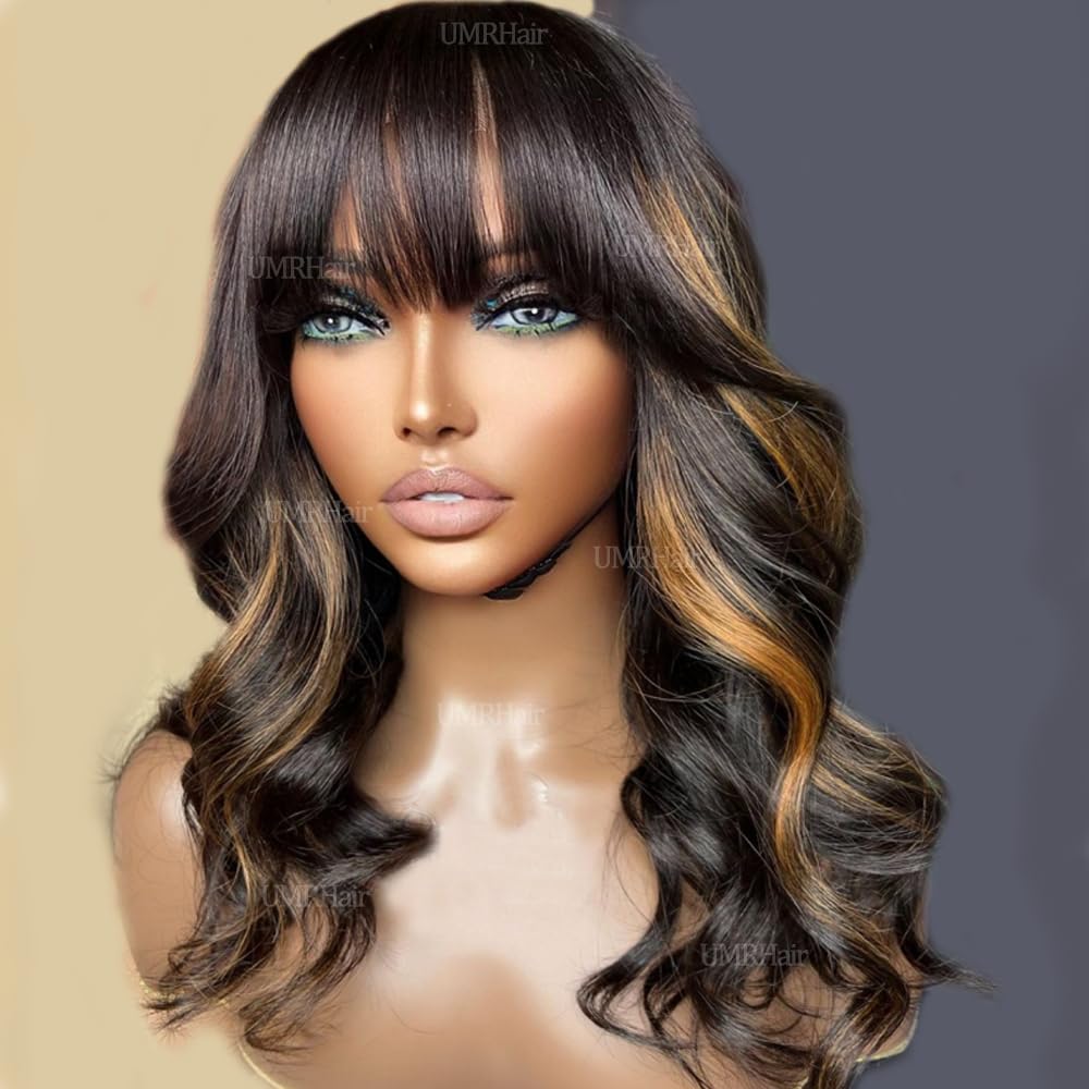 Long Wavy Highlight Wig With Bangs Synthetic Balayage Hair Replacement Natural Amazon.com : KOME Ombre Blonde Wigs with Bangs,Blonde  main image 2