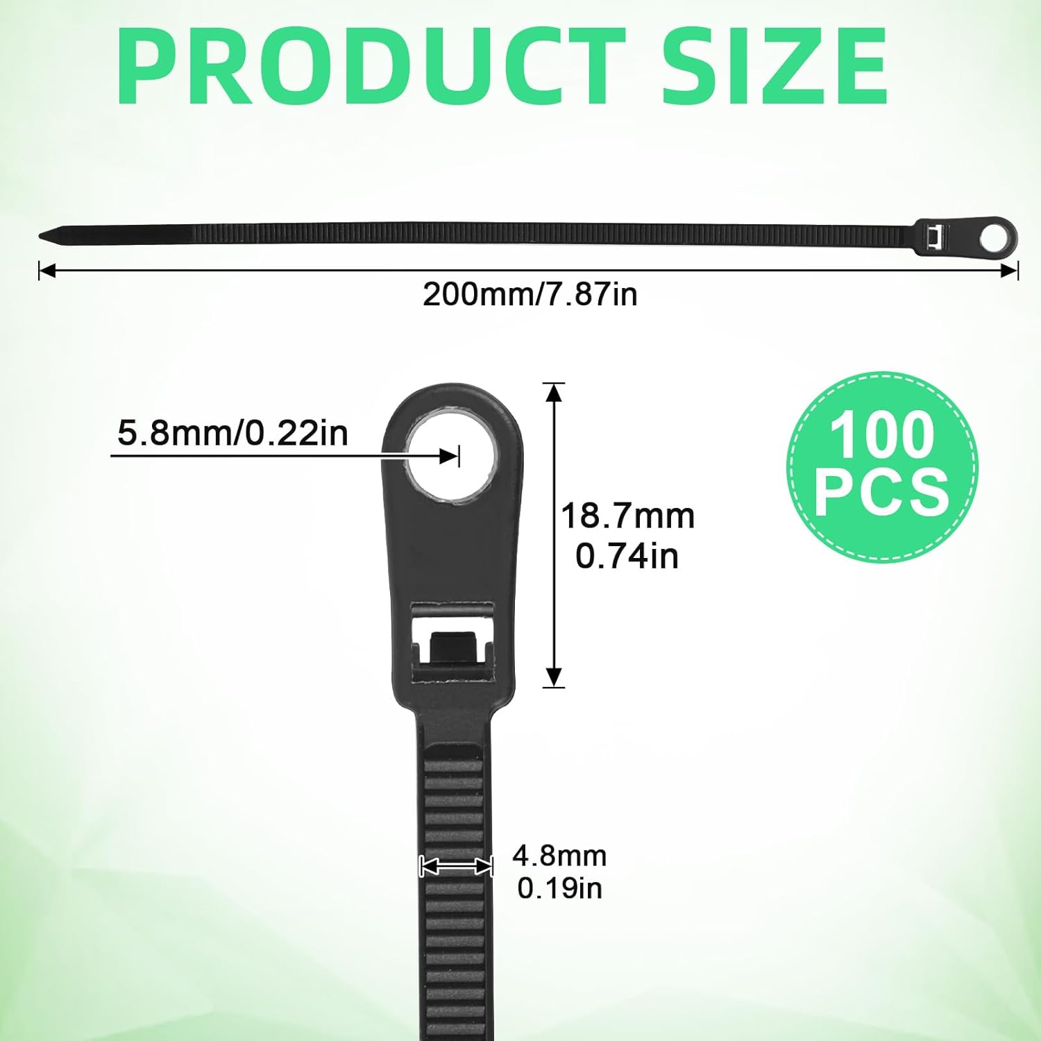 100 PCS Black Zip Ties with Screw Hole, 7.8 Inch Multipurpose Heavy Duty Nylon Zip Tie Mountable head Cable Ties Straps Cable Cord Management for Indoor Outdoor Office Home