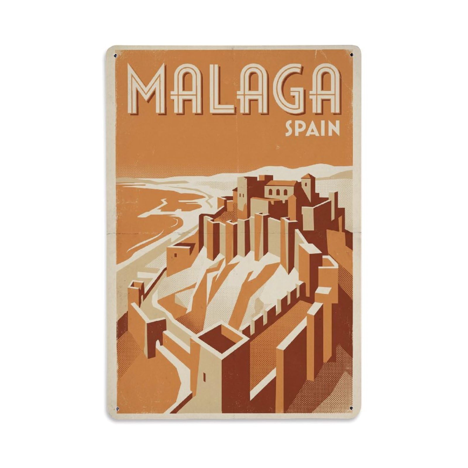 Travel Spain Malaga Retro Metal Tin Sign Plaque Wall Decor for Cafe, Club Bar, Office, Garden Metal Poster 8x12Inch
