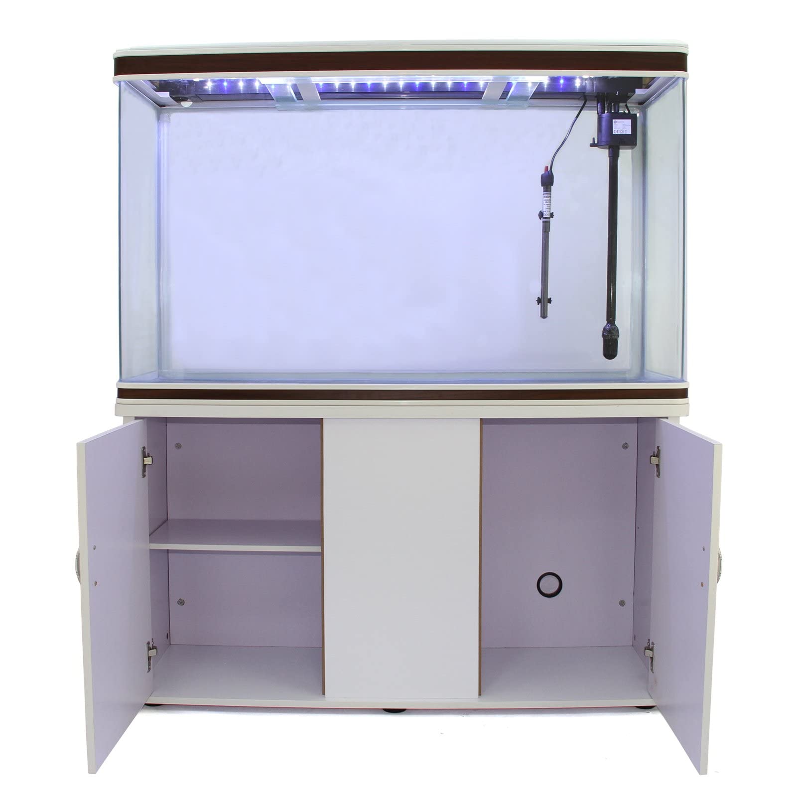 MonsterShop - 300-litrowe akwarium z białymi krawędziami orzechów laskowych, biała szafka podtrzymująca, całkowity wymiar 143,5 cm wysokości x 120,5 cm szerokości x 39 cm głębokości