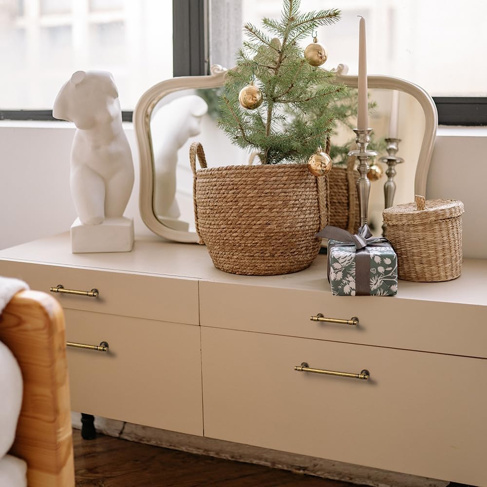 Goo-Ki Vintage Retro Antique Brass Zinc Alloy Modern Cabinet Handles - 7.56''(192mm) Hole Center Striped Decorations Modern Cabinet Pull Hardware for Bedroom, Kitchen, 6 Pack