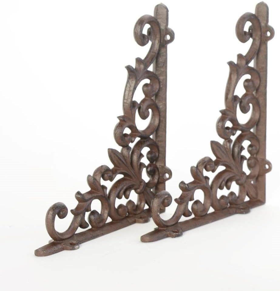 Cast Iron Shelf Brackets Braces Set of 2 9 x 7.5 Inch Fleur-de-lis Rustic Antique Style