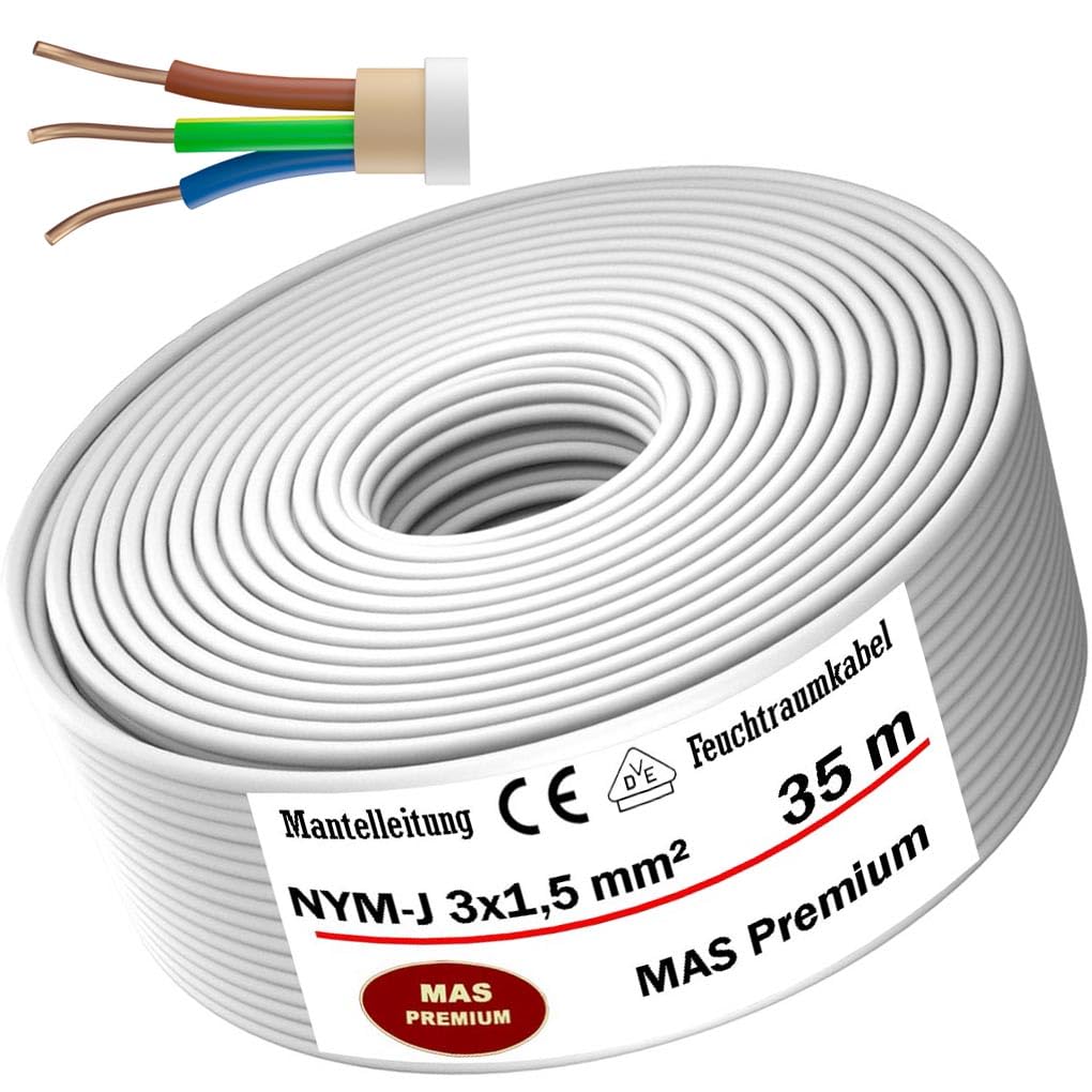 MAS Premium Cavo di alimentazione per ambienti umidi da 5 a 200 m, NYM-J 3 x 1,5 mm², cavo elettrico ad anello per installazione fissa, 35 m