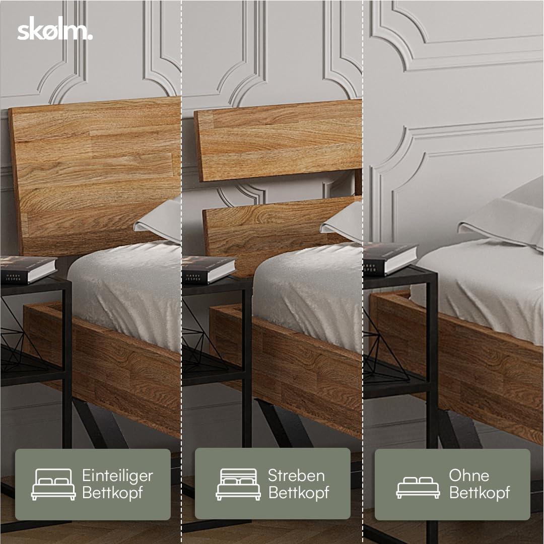 skølm Alver Massivholzbett 180x200 cm – Bettgestell aus Massivholz Eiche geölt – Holzbett mit schwarzen Metallkufen – hochwertiges Bett mit 1 Strebe als Bettkopf – Bettrahmen geeignet als Doppelbett