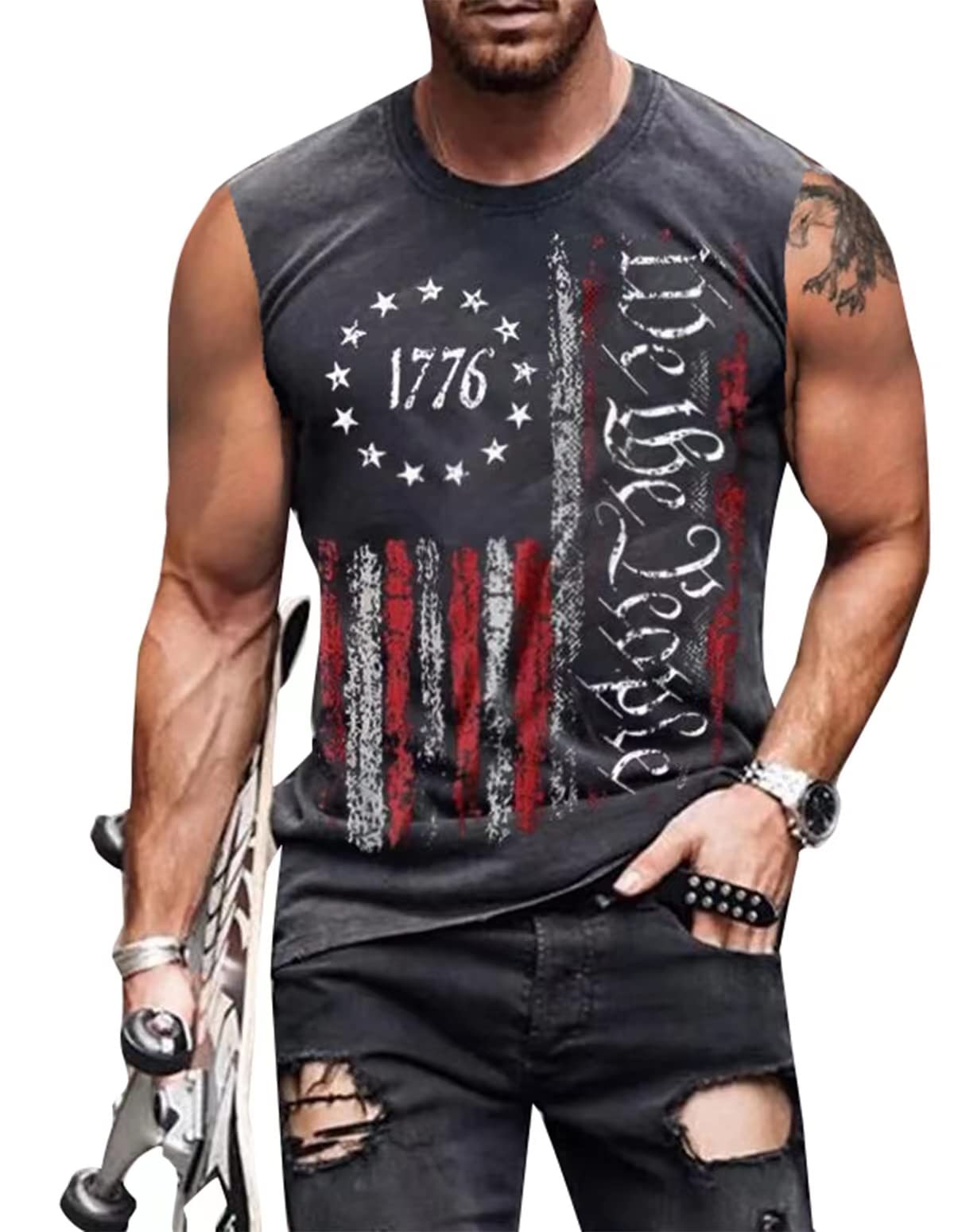 4th of July Shirts Mens Muscle Tank Top 1776 Sleeveless Graphic Gym Workout American Flag Shirt