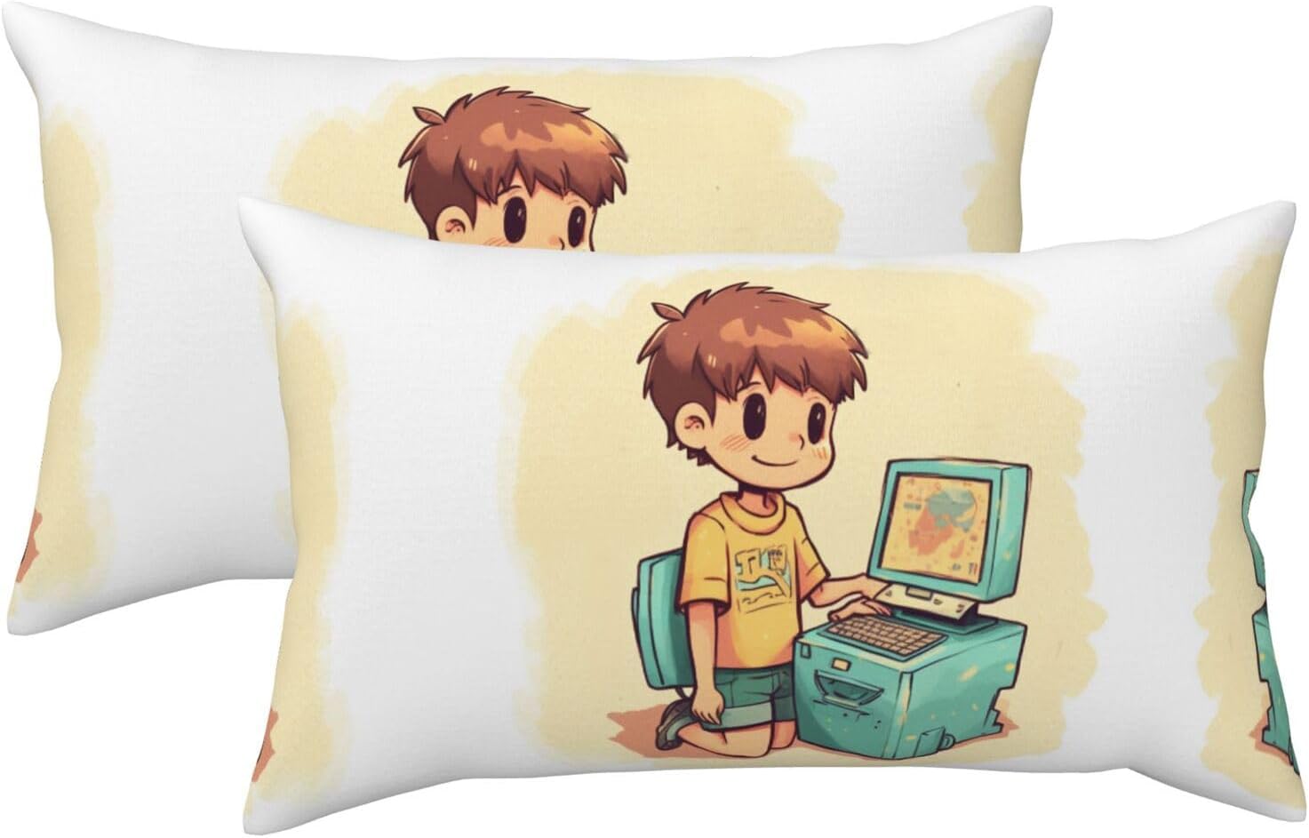 Boy Playing Computer Pillow Cases Set of 2, King Pillowcase for Hair and Skin, Super Soft Plush Pillow Case Covers with Hidden Zipper, 20x36 Inches Pillow Covers for Sleeping Gift