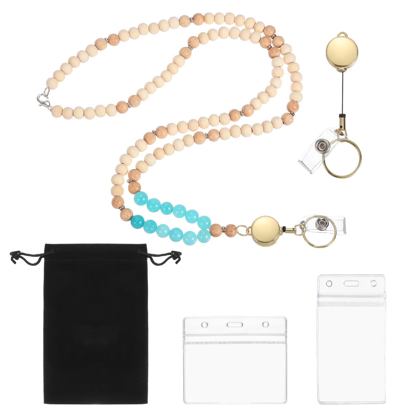 PATIKIL Retractable Wood Beaded Lanyards for ID Badge Holder, Beads Keychain Lanyard with Vertical & Horizontal Badge Holders for Women Teacher Gift Keys Chain Cards, Turquoise