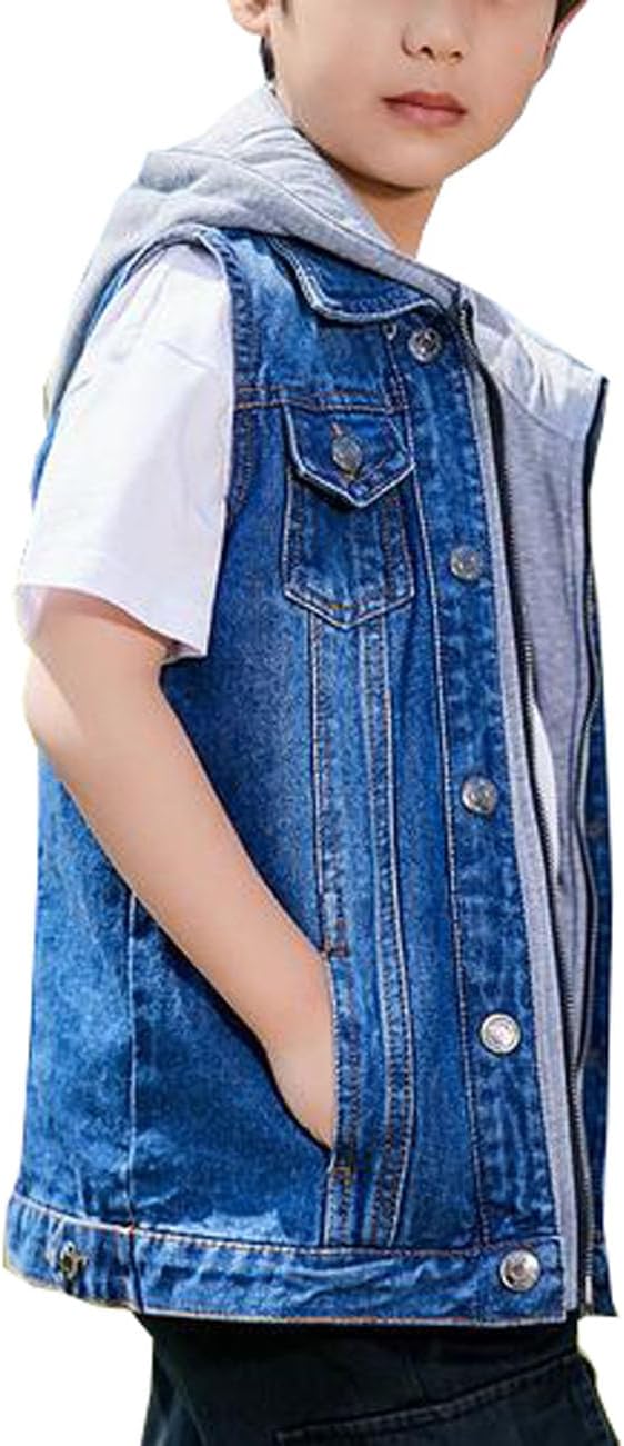 Boys Girls Jean Hooded Vest Kids Ripped Cowboy Waistcoat Sleeveless Denim Jacket Outerwear