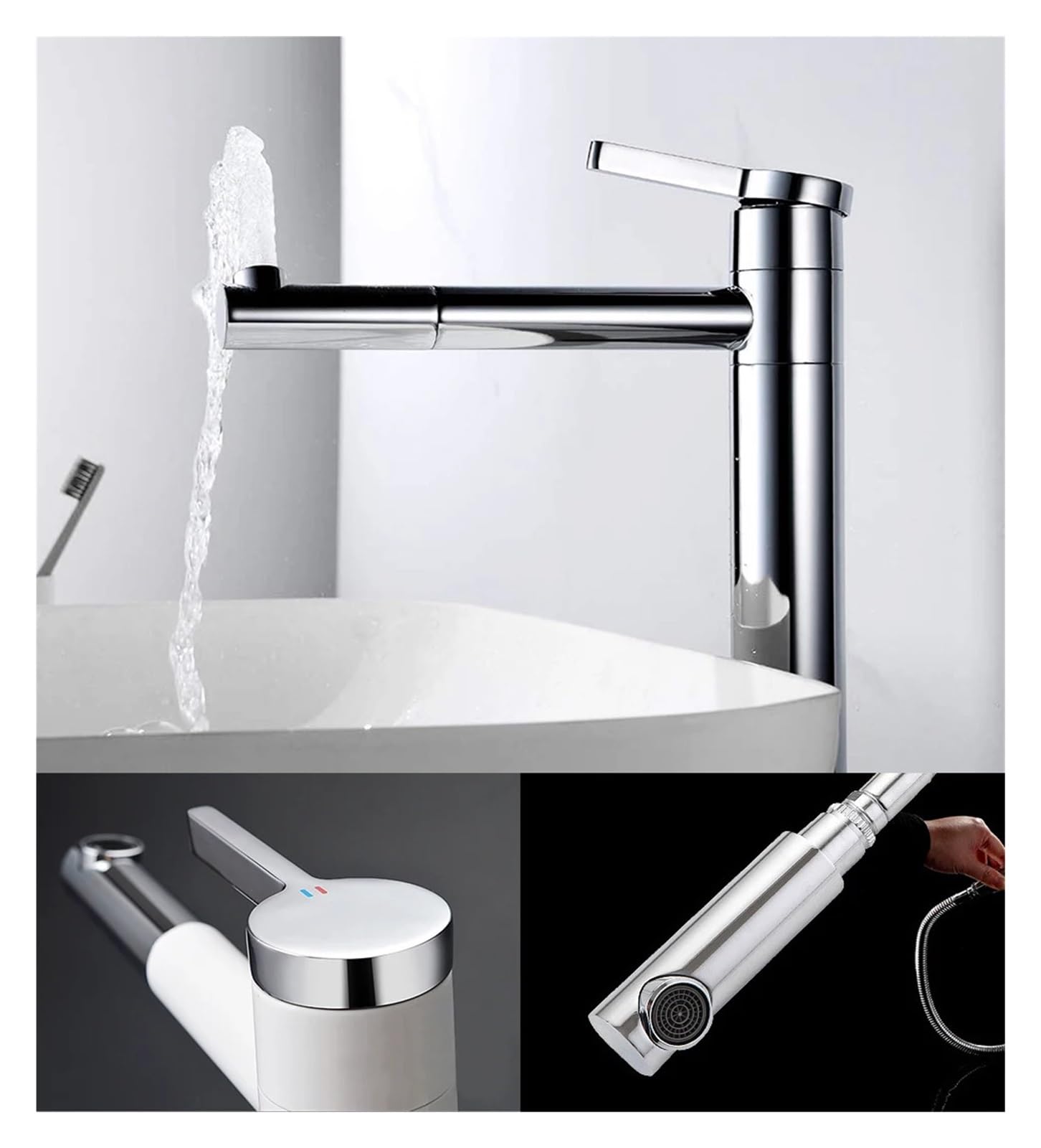 Baterie łazienkowe Bateria umywalkowa wyciągana Bateria zlewozmywakowa Baterie umywalkowe 360°(White Chrome Faucet)