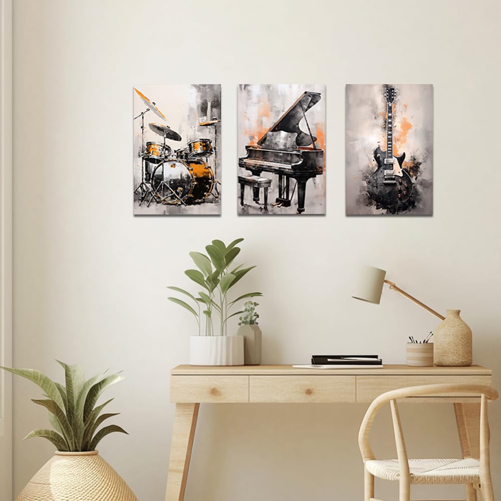 ZQQART, set di 3 stampe su tela con strumenti musicali astratti - Pianoforte, Chitarra, Batteria - Quadri per negozio di musica, decorazione da parete (40,6 x 60,9 cm, 3 pezzi)