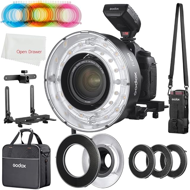 Godox R200 Ring Flash Head, R200 Ring Kit for AD200/200Pro Outdoor Portrait Shooting, Wedding Shooting with R200-CF Color Gels + RFT-25S Reflector Diffuser Dish + Honeycomb Grid 20° /30°/40°+CB56 Bag